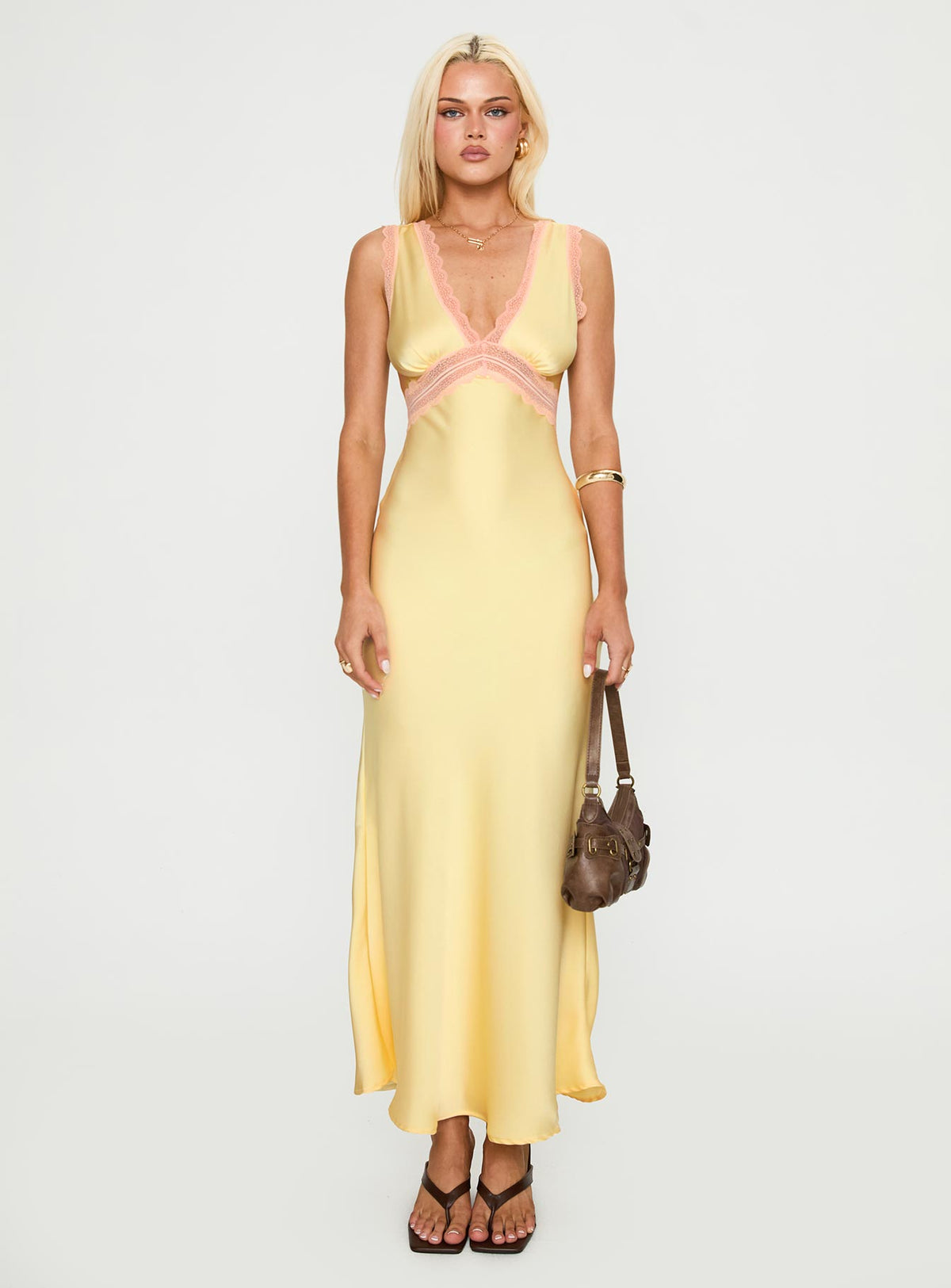 front view of model wearing Princess Polly Prophecies Lace Maxi Dress Lemon Plunger 