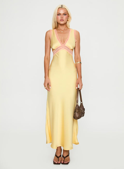 front view of model wearing Princess Polly Prophecies Lace Maxi Dress Lemon Plunger 