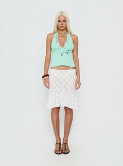 Style this Elphie Sheer Lace Midi Skirt White womens-skirts featuring midi length front view of model wearing Princess Polly
