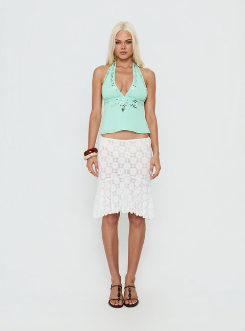 Style this Elphie Sheer Lace Midi Skirt White womens-skirts featuring midi length front view of model wearing Princess Polly