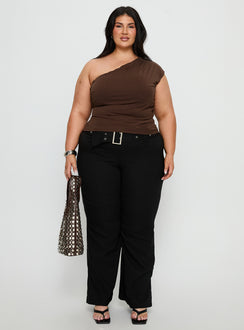 front view of model wearing Princess Polly Kortnee Eyelet Detail Flare Leg Pants Black Curve Mid Rise Pants Pants 