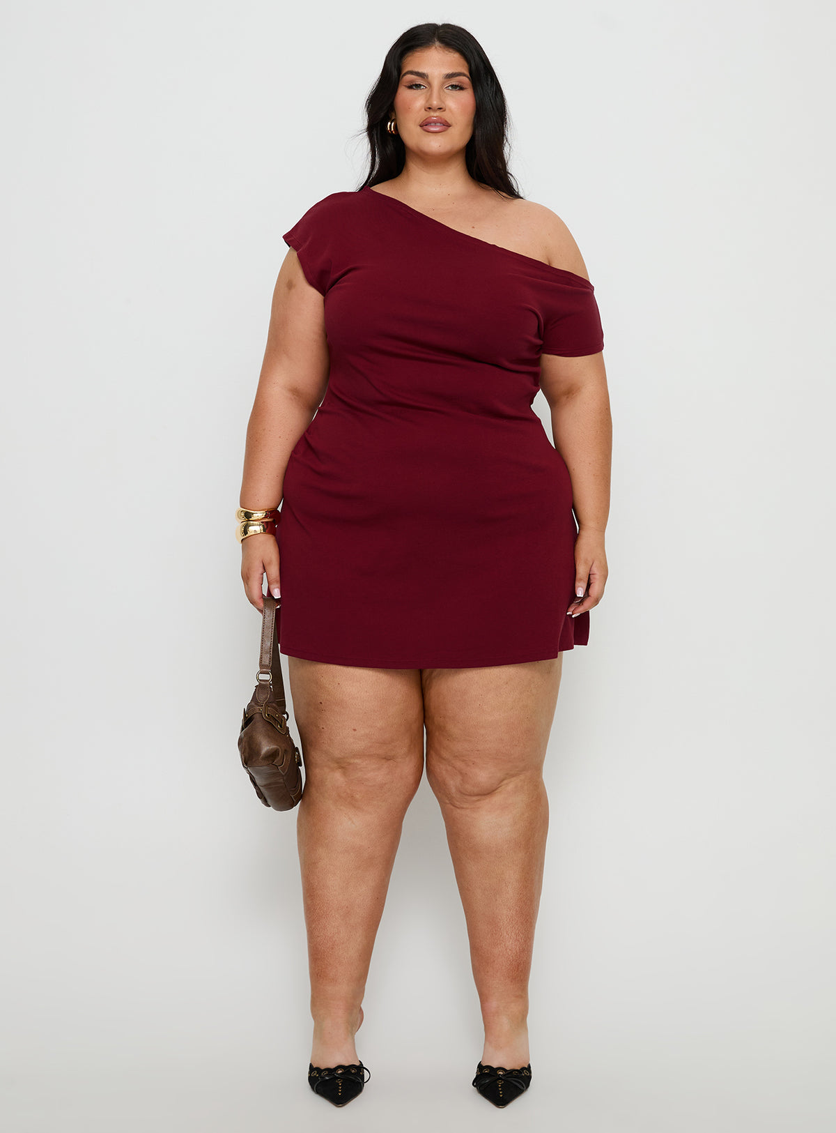 Prestige One Shoulder Mini Dress Burgundy Curve