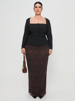 front view of model wearing Princess Polly Gaskin Long Sleeve Top Black Curve Full Sleeves Square Neck 