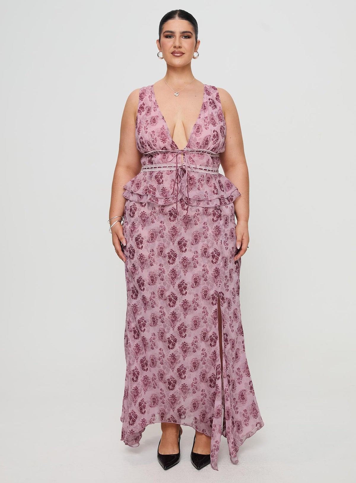   front view of model wearing Princess Polly Nikolise Maxi Skirt Purple Curve Maxi Skirts Skirts 
