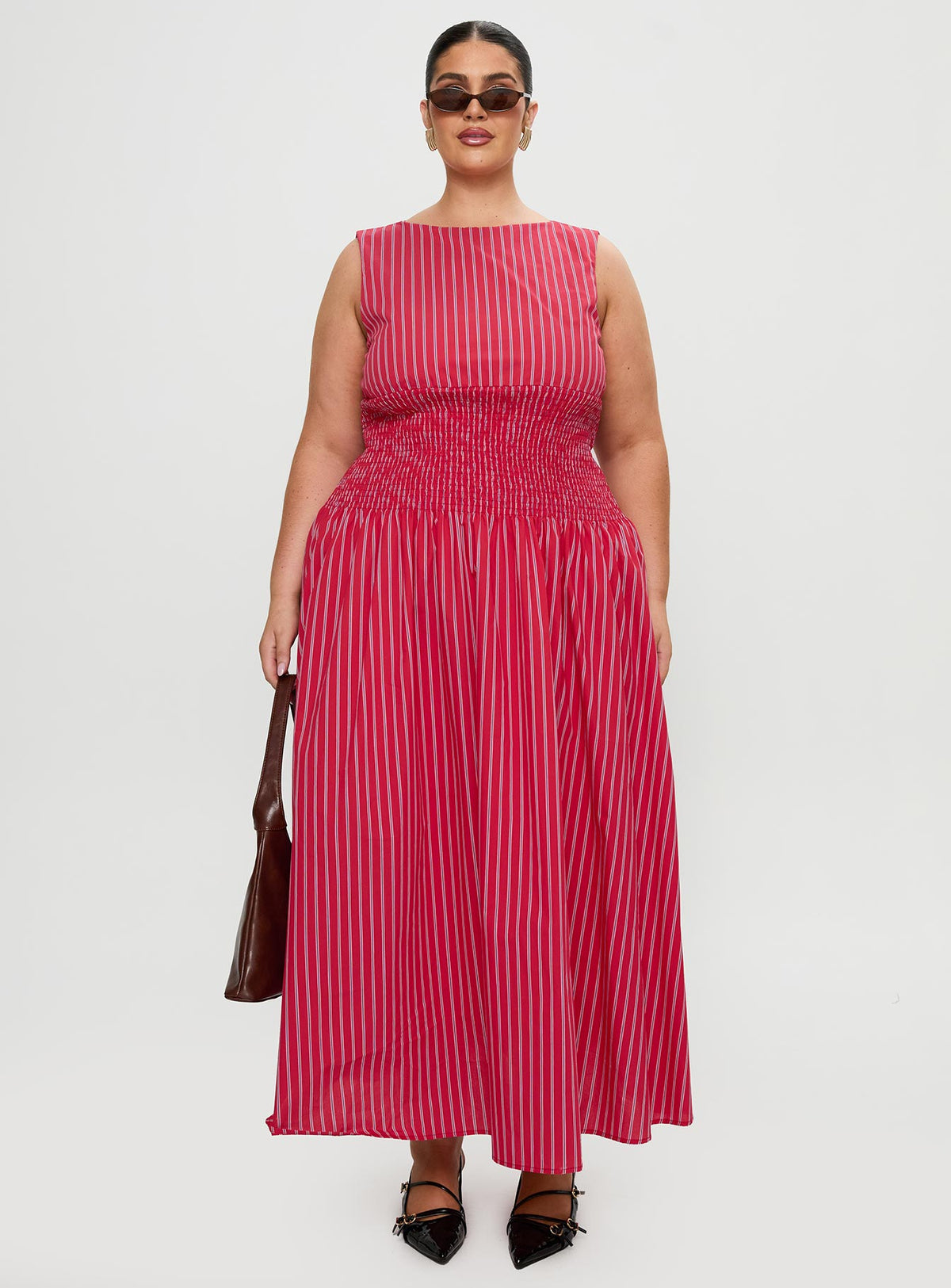 front view of model wearing Princess Polly Lilienne Cotton Poplin Maxi Dress Red Stripe Curve Crew Neck 