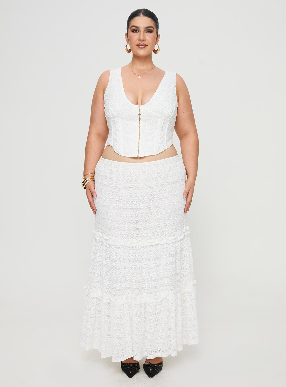  front view of model wearing Princess Polly Buttacupe Lace Maxi Skirt White Curve Maxi Skirts Skirts 