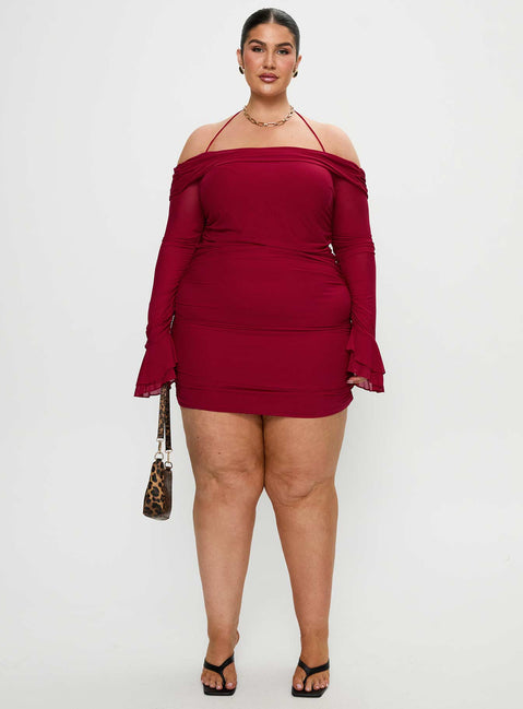 front view of model wearing Princess Polly Taylon Off The Shoulder Mini Dress Red Curve Straight Neck 