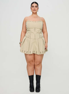 front view of model wearing Princess Polly Alinzia Eyelet Corset Top Beige Curve Sleeveless Square Neck 