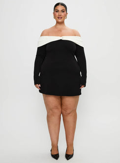 front view of model wearing Princess Polly Distractions Off The Shoulder Mini Dress Multi Curve High Neck 