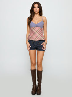back view of model wearing Princess Polly Petallic Patchwork Top Multi Sleeveless Sweetheart 