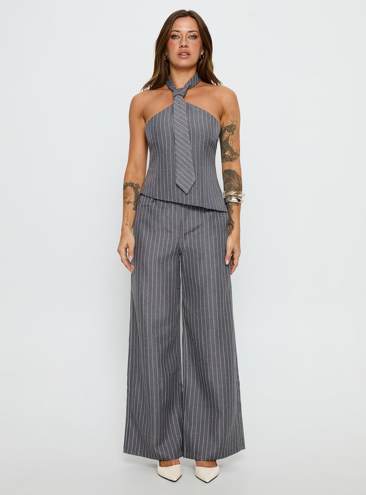 Uvelia Tie Detail Top Grey Pinstripe