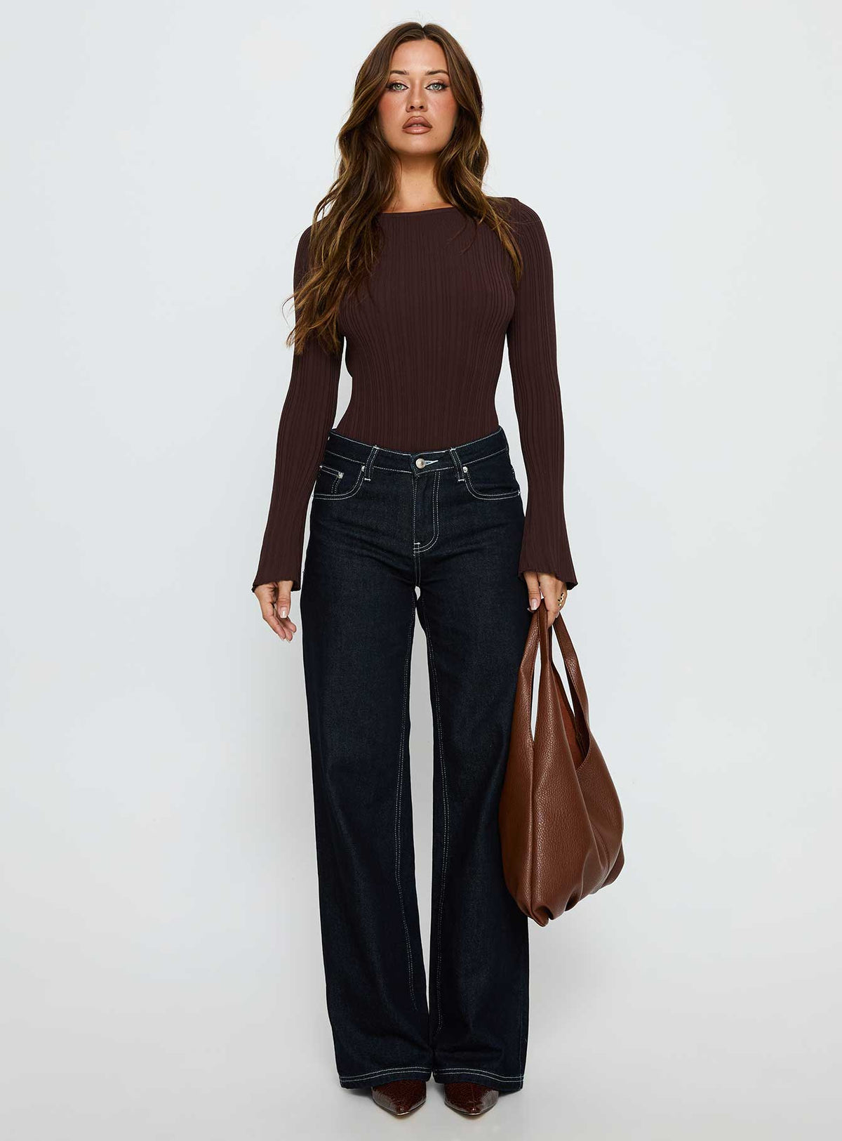 side view of model wearing Princess Polly Mayok Long Sleeve Bodysuit Brown Long Sleeve Tops Bodysuit 