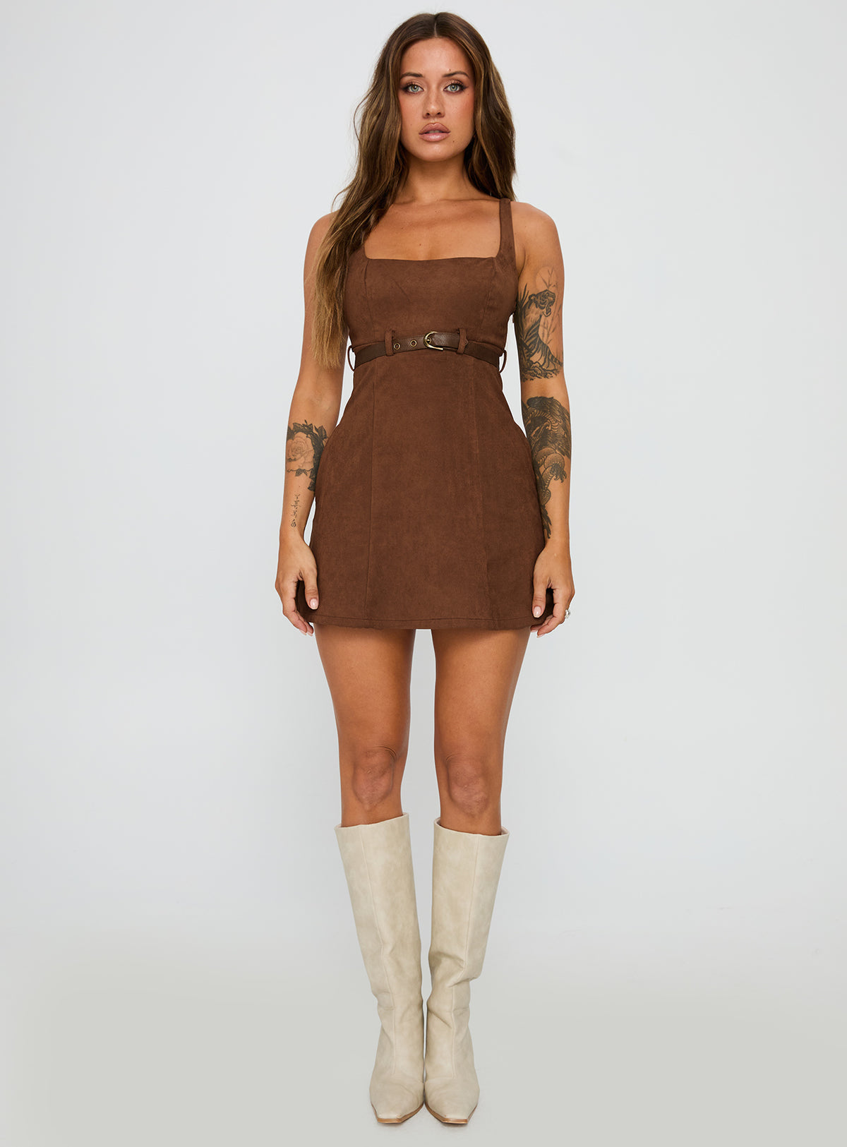 side view of model wearing Princess Polly Way Back In Faux Suede Mini Dress Brown Square Neck 