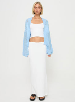 front view of model wearing Princess Polly Abner Cable Cardigan Blue regular Jumpers 