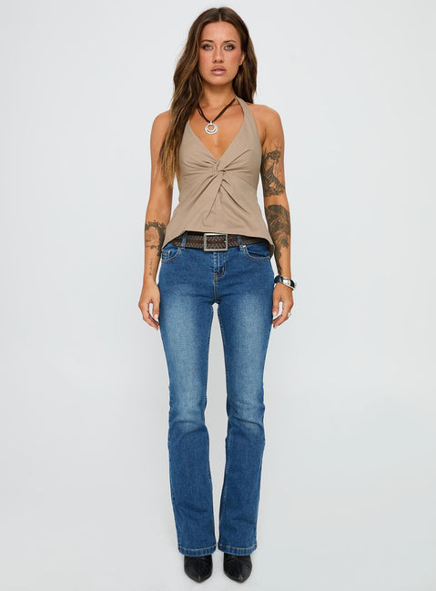 front view of model wearing Princess Polly Millbank Top Taupe Sleeveless Plunger 