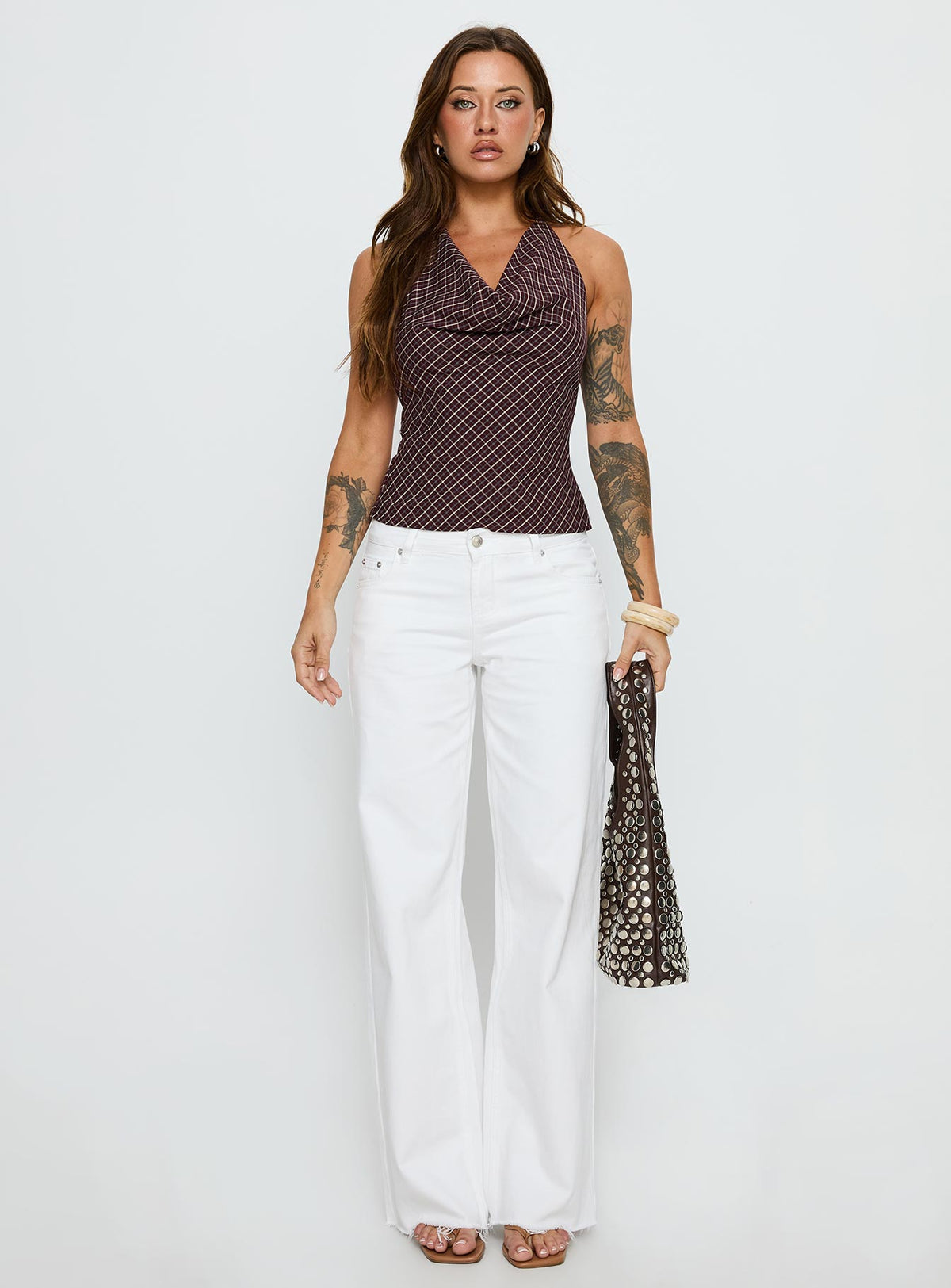 front view of model wearing Princess Polly Sabryna Low Rise Straight Leg Jeans White Low Rise Jeans Jeans 