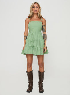 front view of model wearing Princess Polly Summer Break Mini Dress Sage Square Neck 