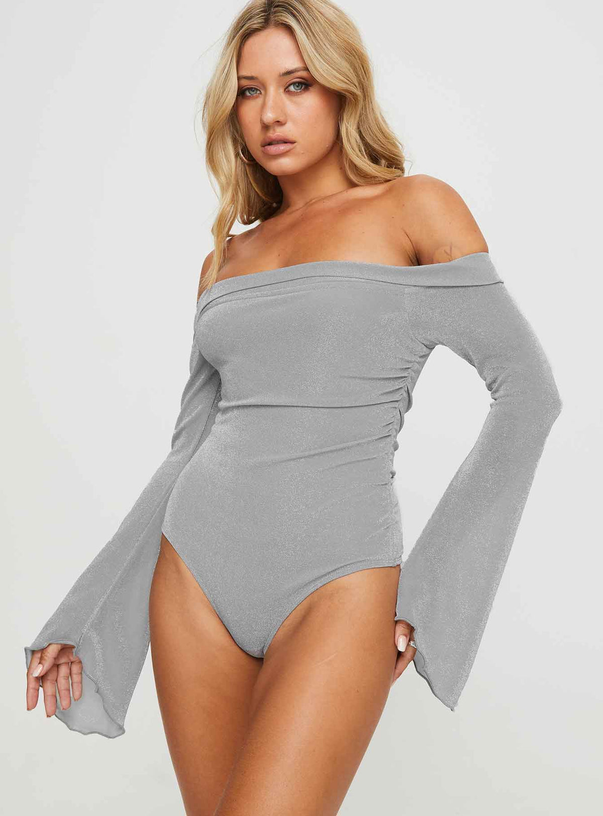 back view of model wearing Princess Polly Tullo Off The Shoulder Bodysuit Grey Long Sleeve Tops Bodysuit 