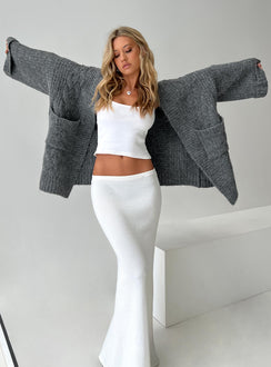 Discover the Paisleigh Cable Knit Cardigan Charcoal womens jumpers in long length detail view of model wearing Princess Polly
