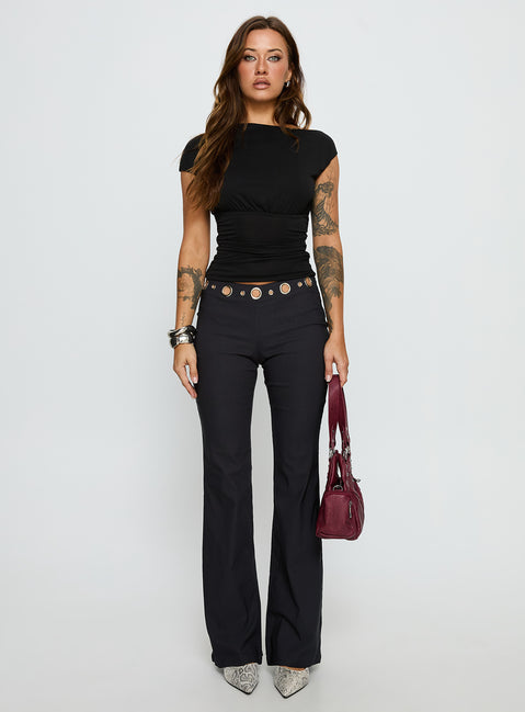 front view of model wearing Princess Polly True Grit Eyelet Flare Pants Grey Mid Rise Pants Pants 
