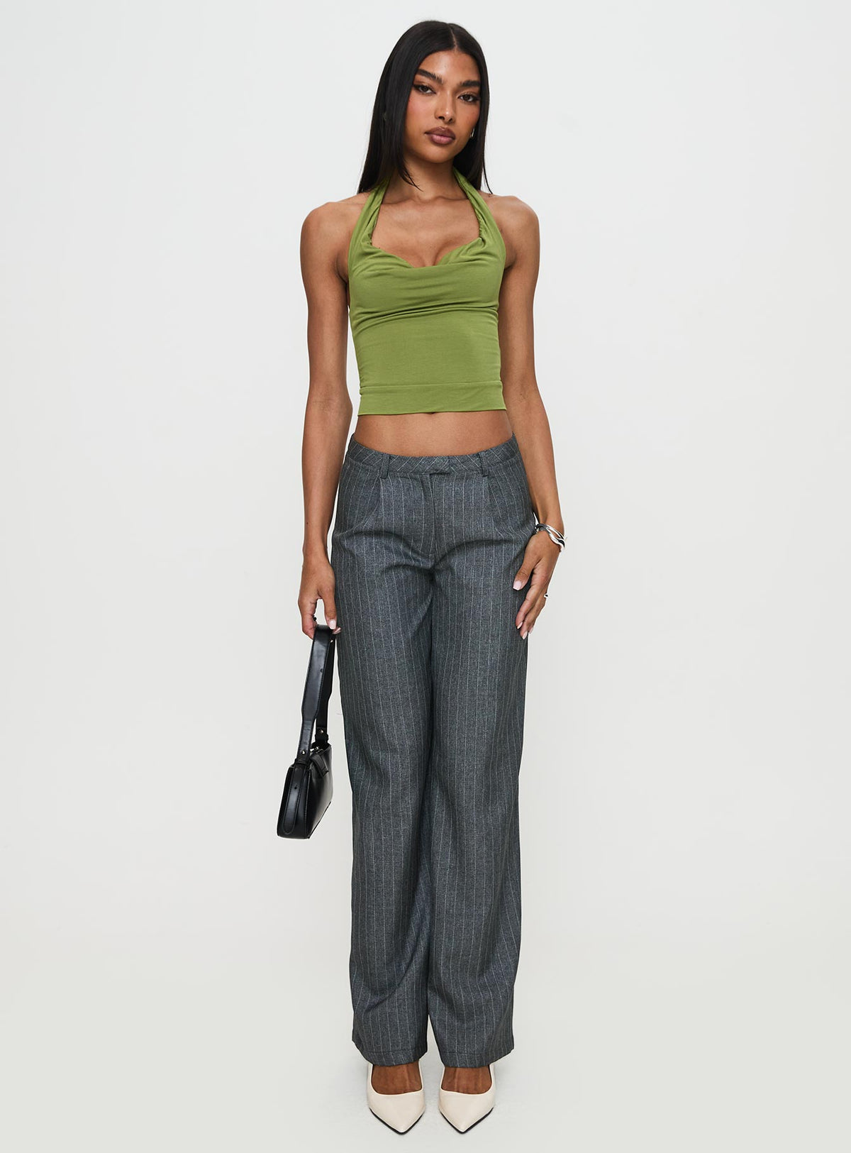 side view of model wearing Princess Polly Broadcast Pants Grey Pinstripe Low Rise Pants Pants 