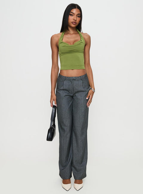 side view of model wearing Princess Polly Broadcast Pants Grey Pinstripe Low Rise Pants Pants 