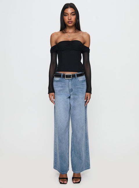 front view of model wearing Princess Polly Saelan Off Shoulder Long Sleeve Top Black Full Sleeves Sweetheart 