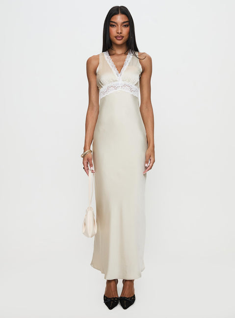 front view of model wearing Princess Polly Persefonie Lace Maxi Dress Champagne V-Neck 