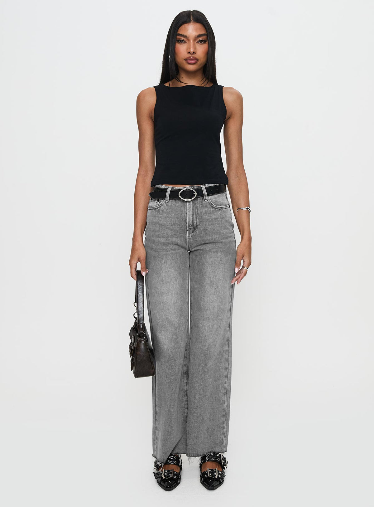front view of model wearing Princess Polly Henesey High Rise Straight Leg Jeans Washed Grey High Rise Jeans Jeans 