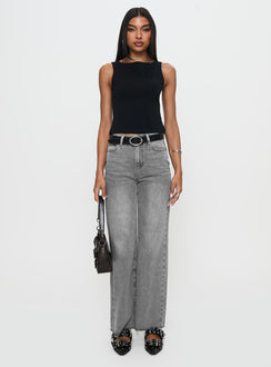 front view of model wearing Princess Polly Henesey High Rise Straight Leg Jeans Washed Grey High Rise Jeans Jeans 