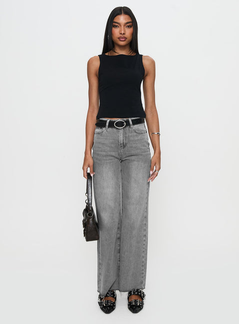 front view of model wearing Princess Polly Henesey High Rise Straight Leg Jeans Washed Grey High Rise Jeans Jeans 
