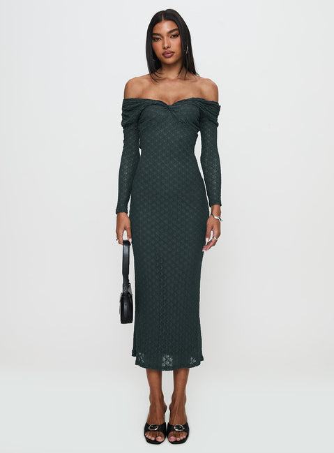 front view of model wearing Princess Polly Elexis Off The Shoulder Maxi Dress Blue V-Neck 