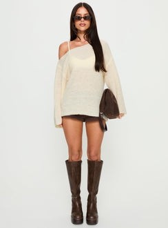 side view of model wearing Princess Polly Delyn Off Shoulder Slouchy Knit Sweater Cream Longline Jumpers Jumpers 