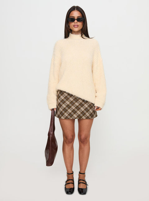 front view of model wearing Princess Polly Abott Sweater Butter Longline Jumpers Jumpers 