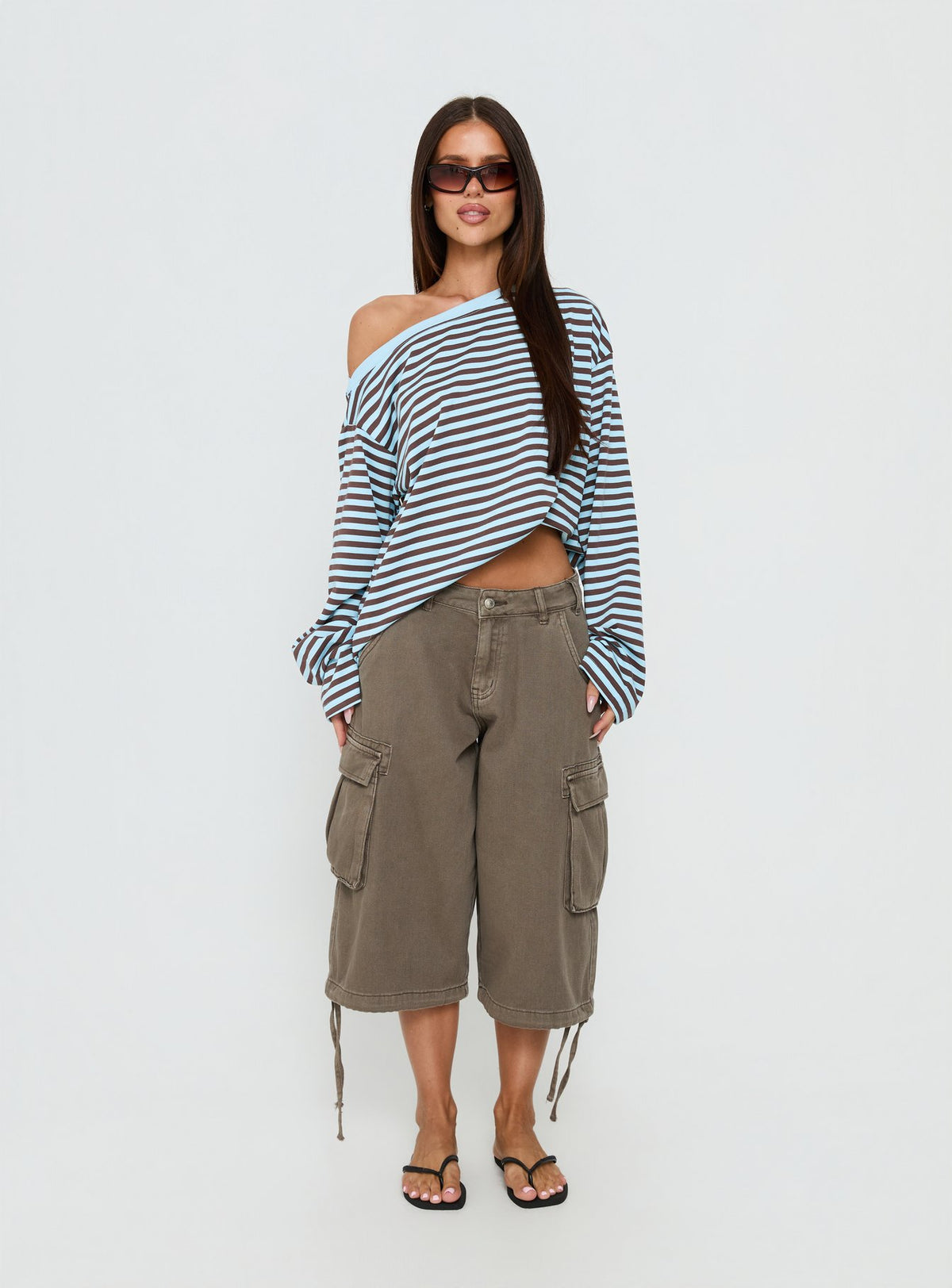 Settle Down One Shoulder Long Sleeve Top Chocolate / Blue Stripe