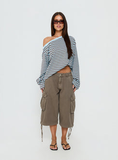 Settle Down One Shoulder Long Sleeve Top Chocolate / Blue Stripe