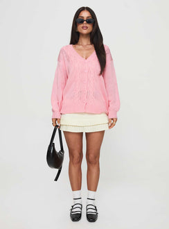 back view of model wearing Princess Polly Sezza Cable Knit Cardigan Baby Pink Longline Jumpers Jumpers 