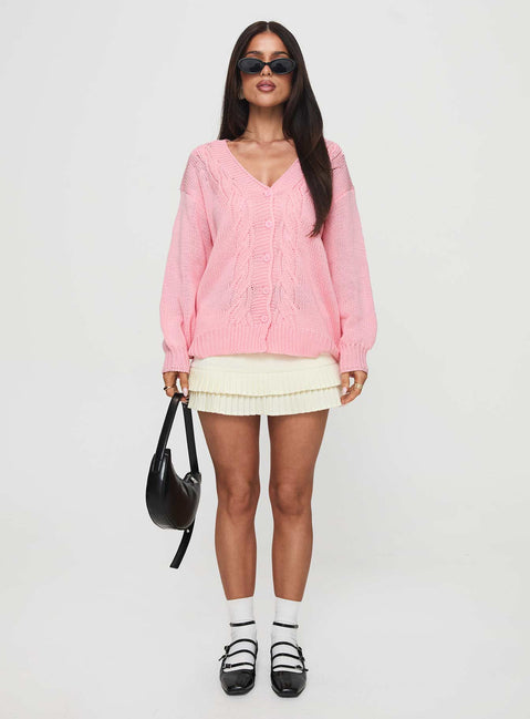 back view of model wearing Princess Polly Sezza Cable Knit Cardigan Baby Pink Longline Jumpers Jumpers 