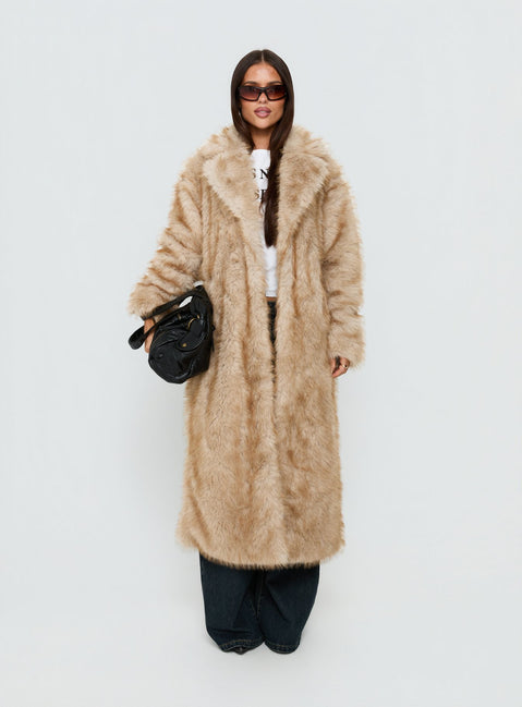 End Of Beginning Faux Fur Longline Jacket Beige