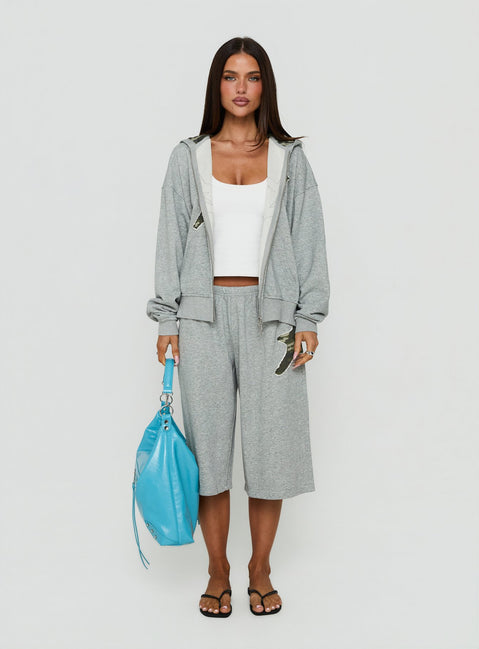 Crafted with the Chelzie Zip Through Graphic Hoodie Grey Marle / Camo in womens jumpers featuring oversized fit, hood details, camo print, and short length detail Princess Polly
