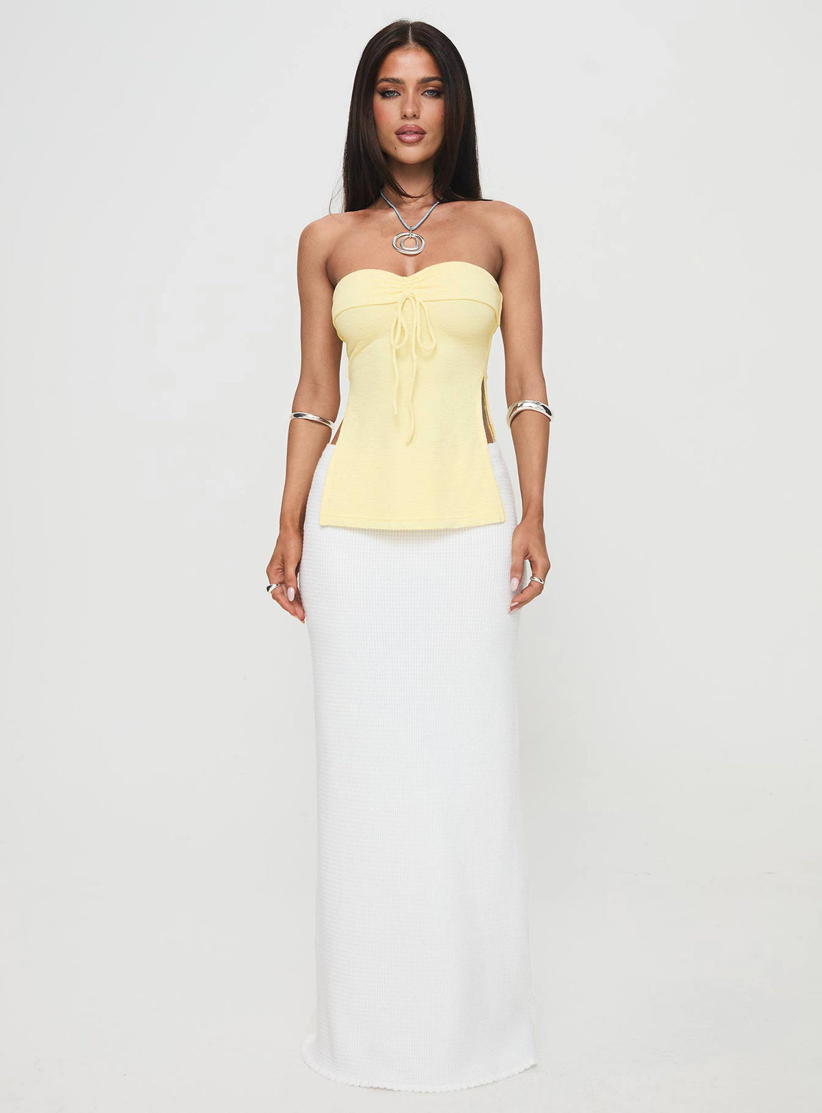 front view of model wearing Princess Polly Laurenita Longline Tube Top Yellow Sleeveless Sweetheart 