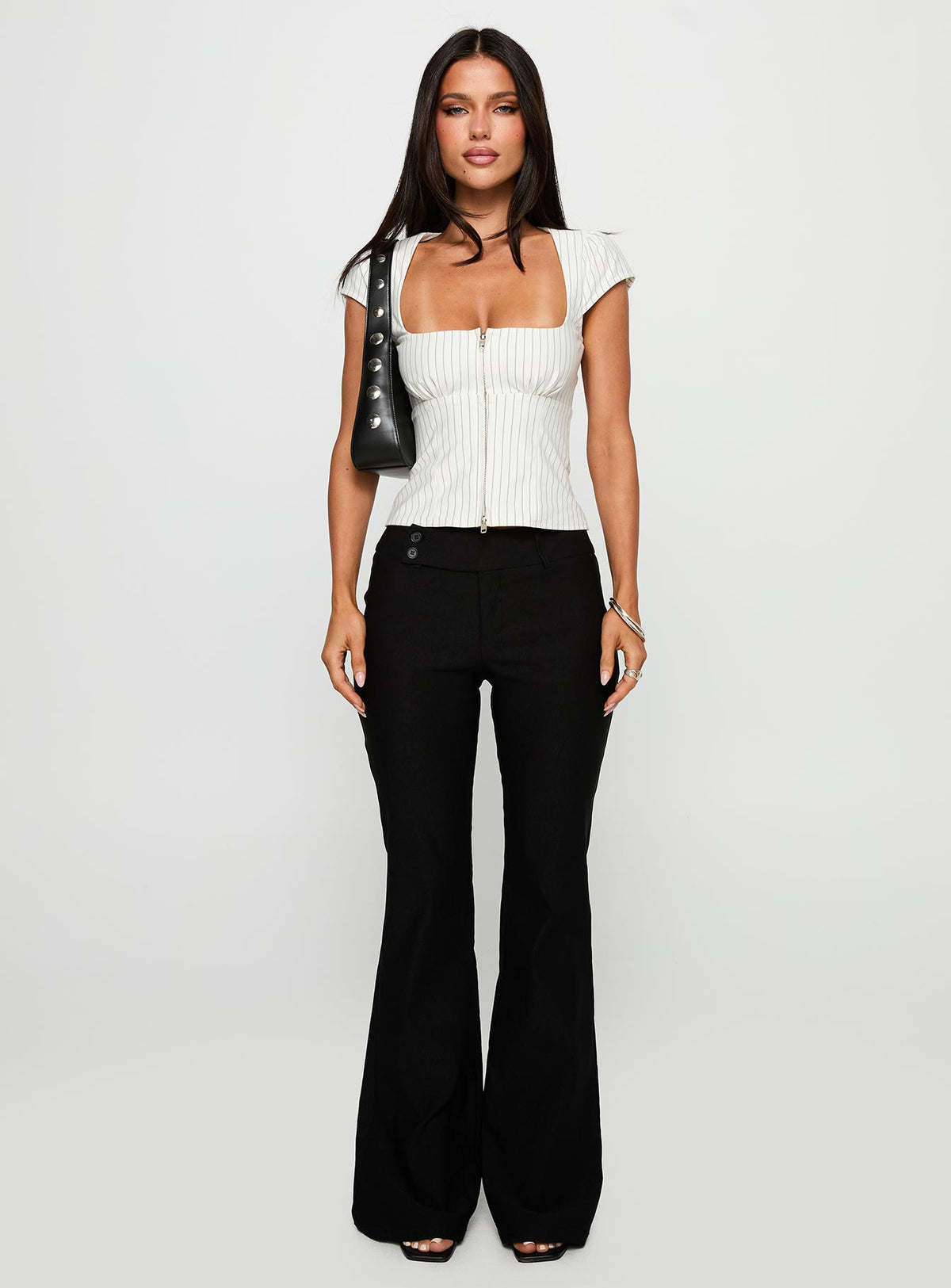 front view of model wearing Princess Polly Santa Cruz Zip Through Top White Pinstripe Short Sleeves Square Neck 