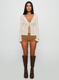 back view of model wearing Princess Polly Open Your Heart Tie Detail Long Sleeve Top Cream Full Sleeves Scoop Neck 