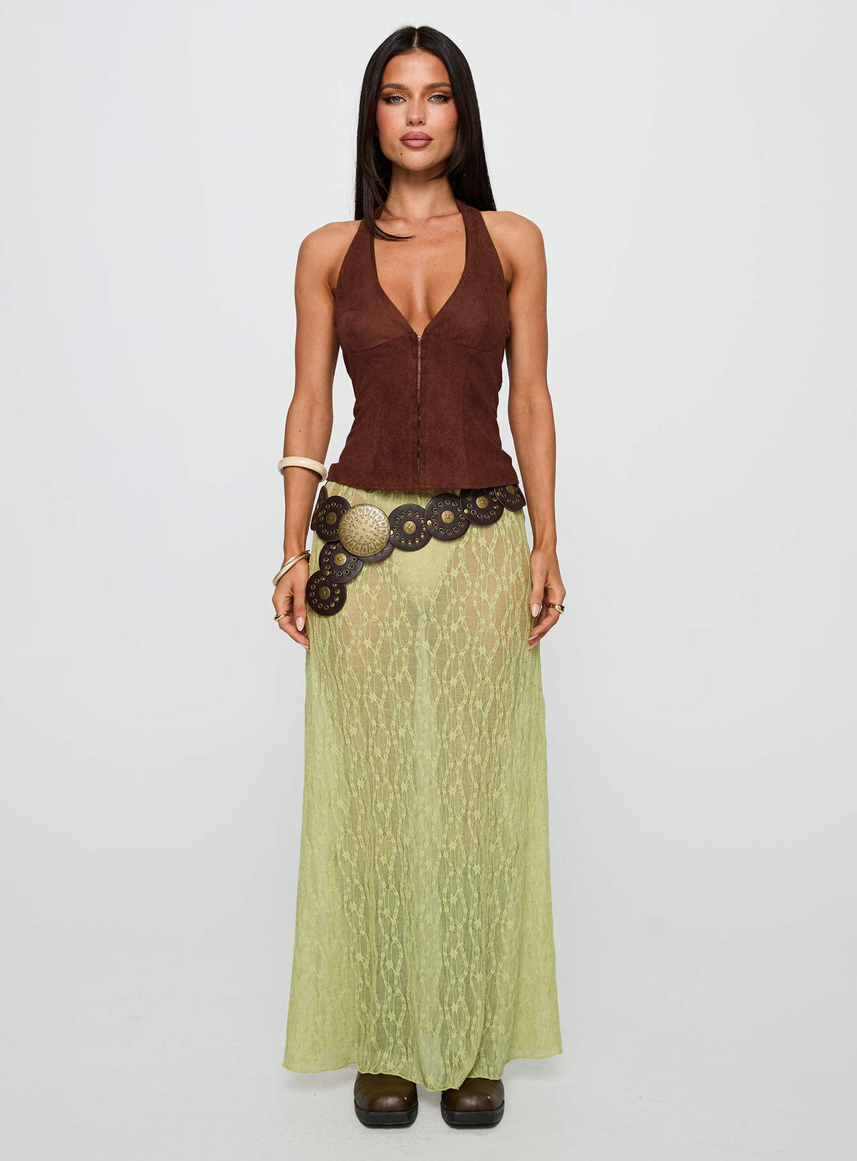side view of model wearing Princess Polly Movie Stars Faux Suede Halter Top Brown Sleeveless Plunger 