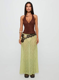 side view of model wearing Princess Polly Movie Stars Faux Suede Halter Top Brown Sleeveless Plunger 