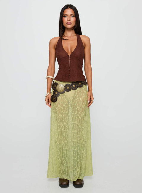 side view of model wearing Princess Polly Movie Stars Faux Suede Halter Top Brown Sleeveless Plunger 