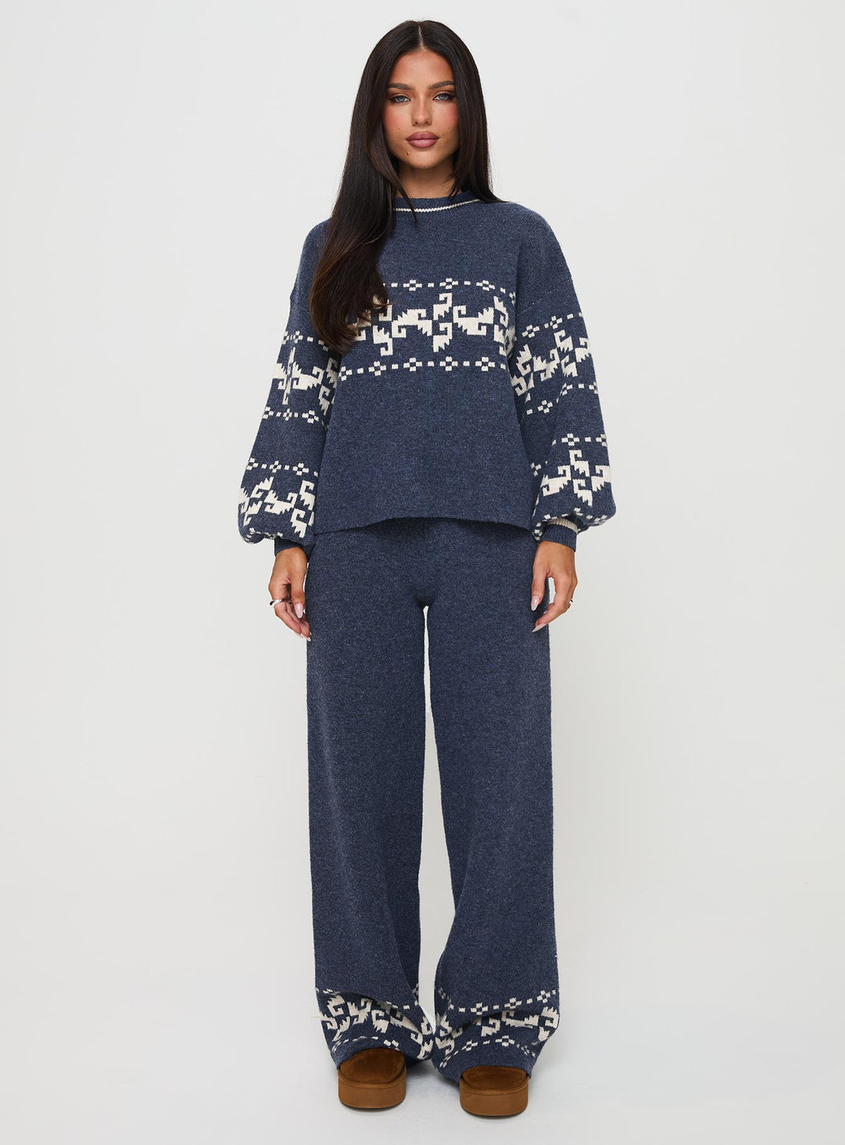 front view of model wearing Princess Polly Alpine Knit Pants Navy / Cream High Rise Pants Pants 