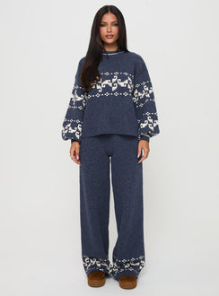 front view of model wearing Princess Polly Alpine Knit Pants Navy / Cream High Rise Pants Pants 