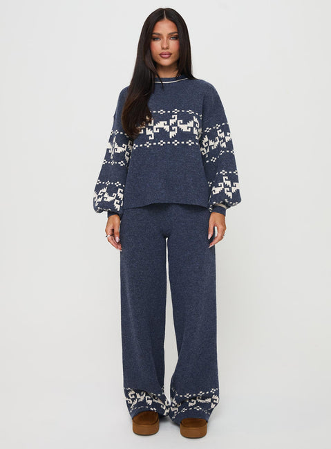 front view of model wearing Princess Polly Alpine Knit Pants Navy / Cream High Rise Pants Pants 