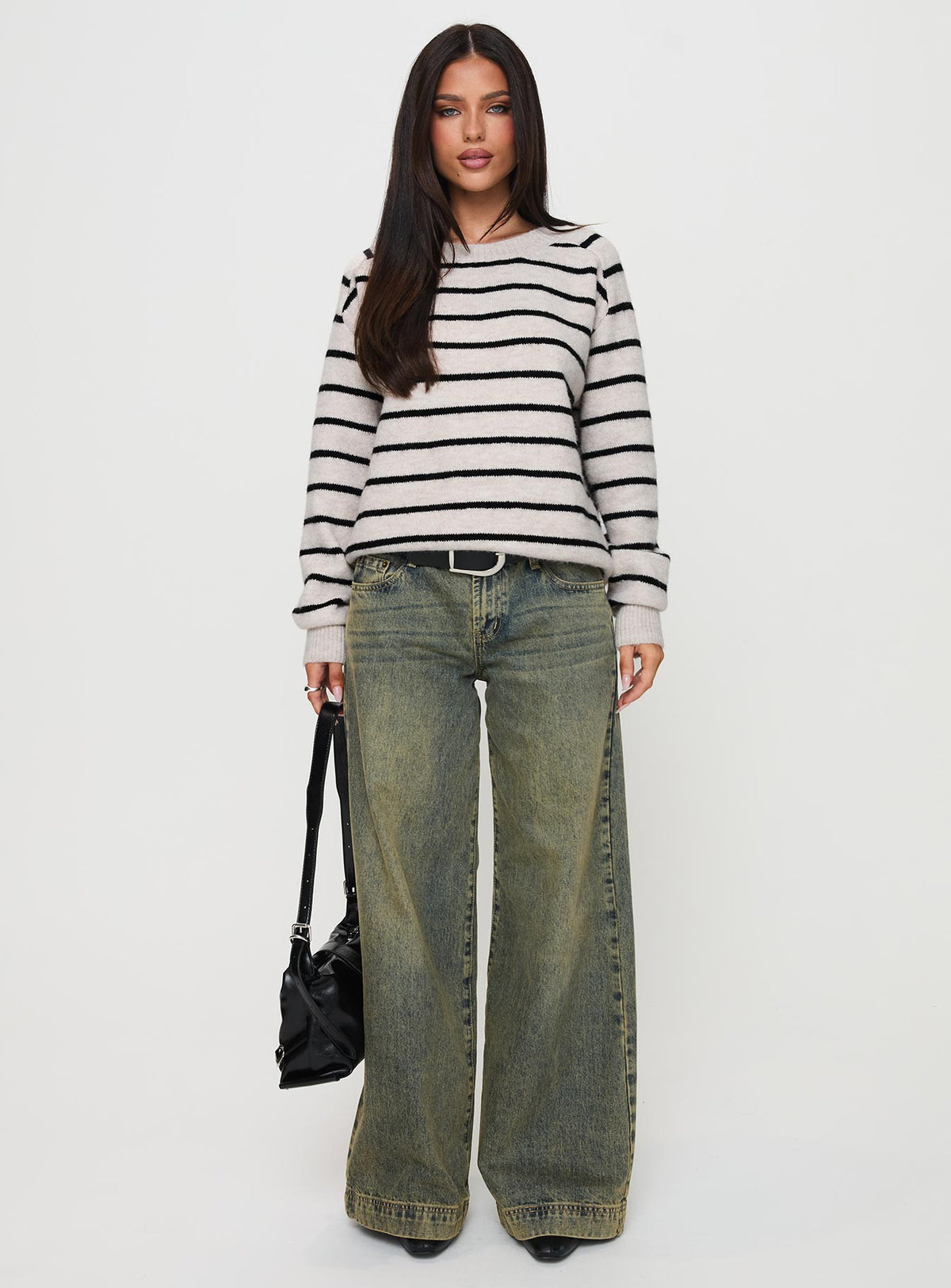 side view of model wearing Princess Polly Souvenirs Knit Sweater Grey Stripe Jumpers 